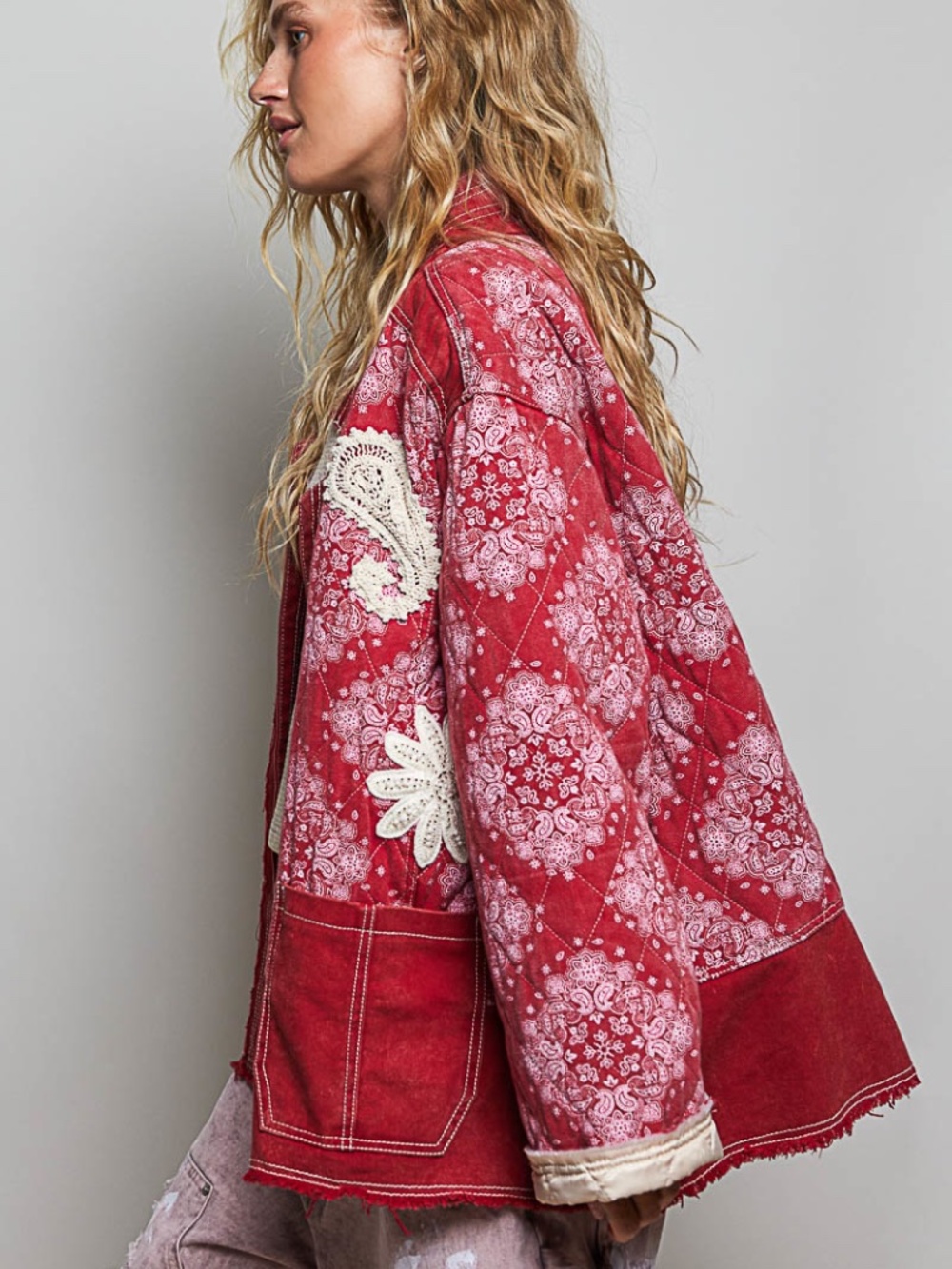 POL Red Paisley Print Reverse Stitch Floral Embroidered Open Front Jacket - Picture 5 of 8